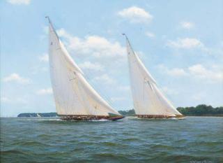 Stephen J. Renard - J-class yachts racing in the Solent:  Endeavour and Shamrock V