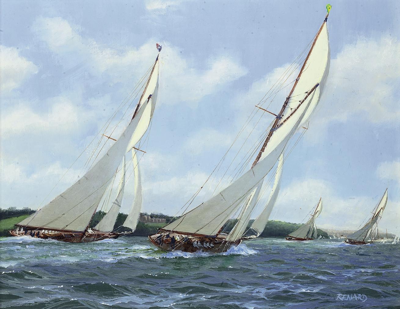 Stephen J. Renard - Vigilant and Britannia racing in the Solent off Osborne House, 1894