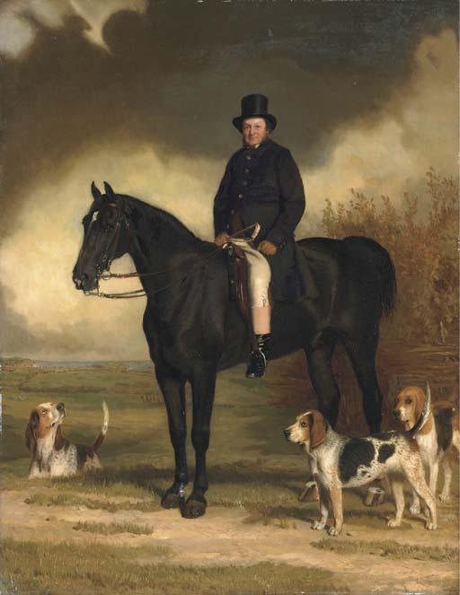 Stephen Pearce - Portrait of Arthur S. Brook, Master of the Bexhill Harriers, small full-length, seated on a black horse, with three harriers, and a distant view of the coast