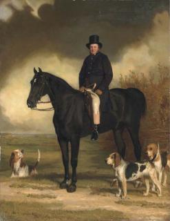 Stephen Pearce - Portrait of Arthur S. Brook, Master of the Bexhill Harriers, small full-length, seated on a black horse, with three harriers, and a distant view of the coast
