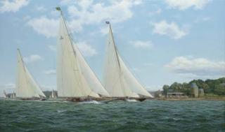 Stephen Renard - Yankee racing Britannia and Endeavour off the Royal Yacht Squadron, 1935 with the Cowes waterfront in the back ground, Isle of Wight