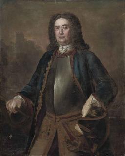 Stephen Slaughter - Portrait of Major General Richard St. George, three-quarter-length, in a blue coat and breast plate, a tricorn in his left hand, his right hand on a canon, a castle beyond