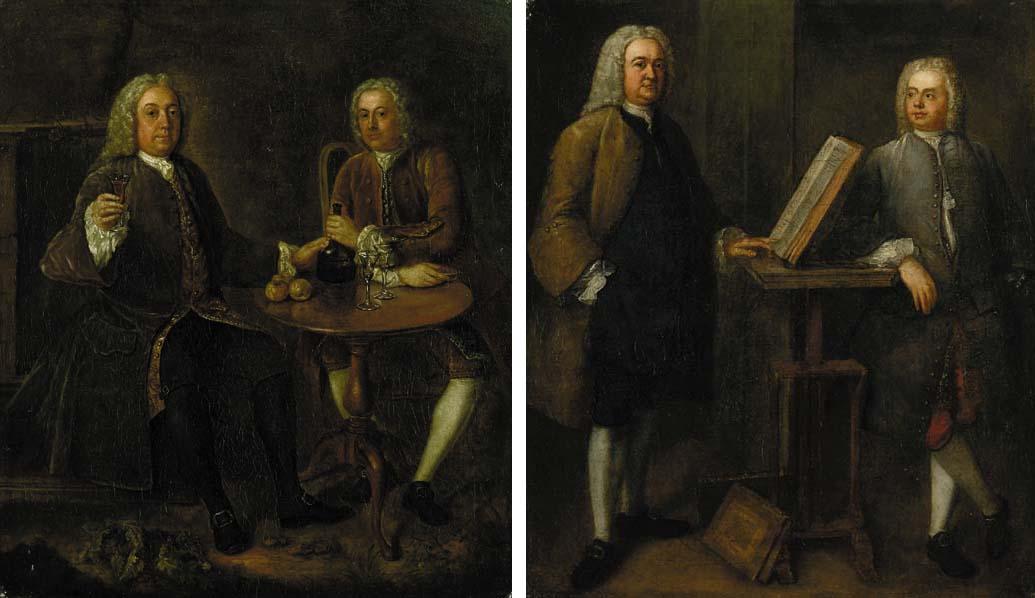 Stephen Slaughter - Portrait of two gentlemen, small-full-length, seated at a table, raising a toast, in a garden; and Portrait of two gentlemen, small-full-length, beside a lectern with one pointing to an open book, with a page inscribed \'Tacitus\'