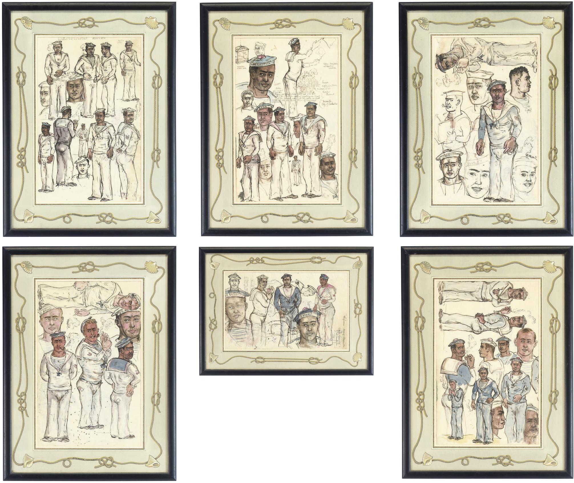 Stephen Tennant - Six framed studies of sailors for Lascar, A Story of the Maritime Boulevard