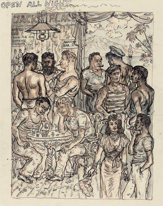 Stephen Tennant - Three designs for Lascar, A Story of the Maritime Boulevard: Open all Night, Jack\'s Place; Ban of Heart\'s Desire; and Chase me Charlie