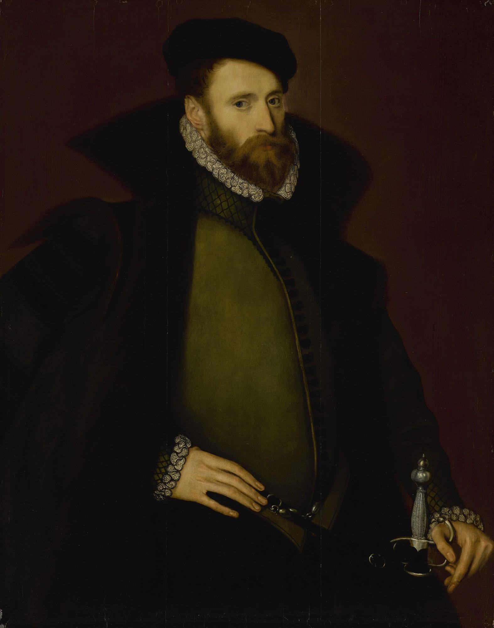 Steven Van Der Meulen - Portrait Of George Dacres Of Cheshunt (1533-1580), Three-Quarter Length, In A Dark Green Doublet, Fur Cloak, Hat, And Sword