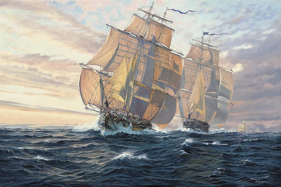 Stuart Bolton - The British 36-gun frigate Belvidera, Captain Richard Byron, under pursuit by Commodore Rodger\'s U.S. Squadron, President, United States, Hornet, Congress and Argus, 23rd June 1812
