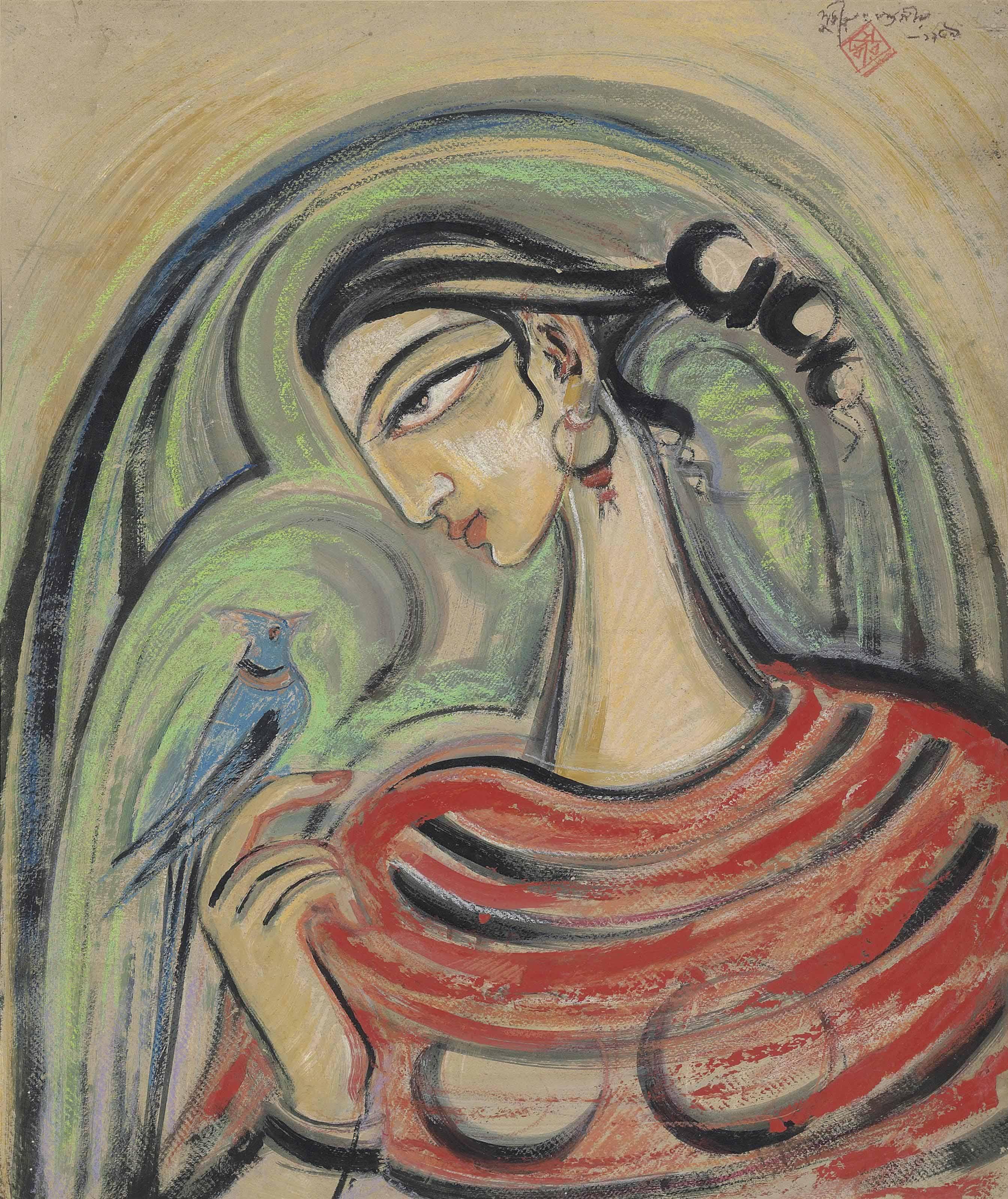 Sudhir Ranjan Khastgir - Untitled (Lady With Bird)
