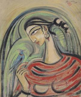 Sudhir Ranjan Khastgir - Untitled (Lady With Bird)