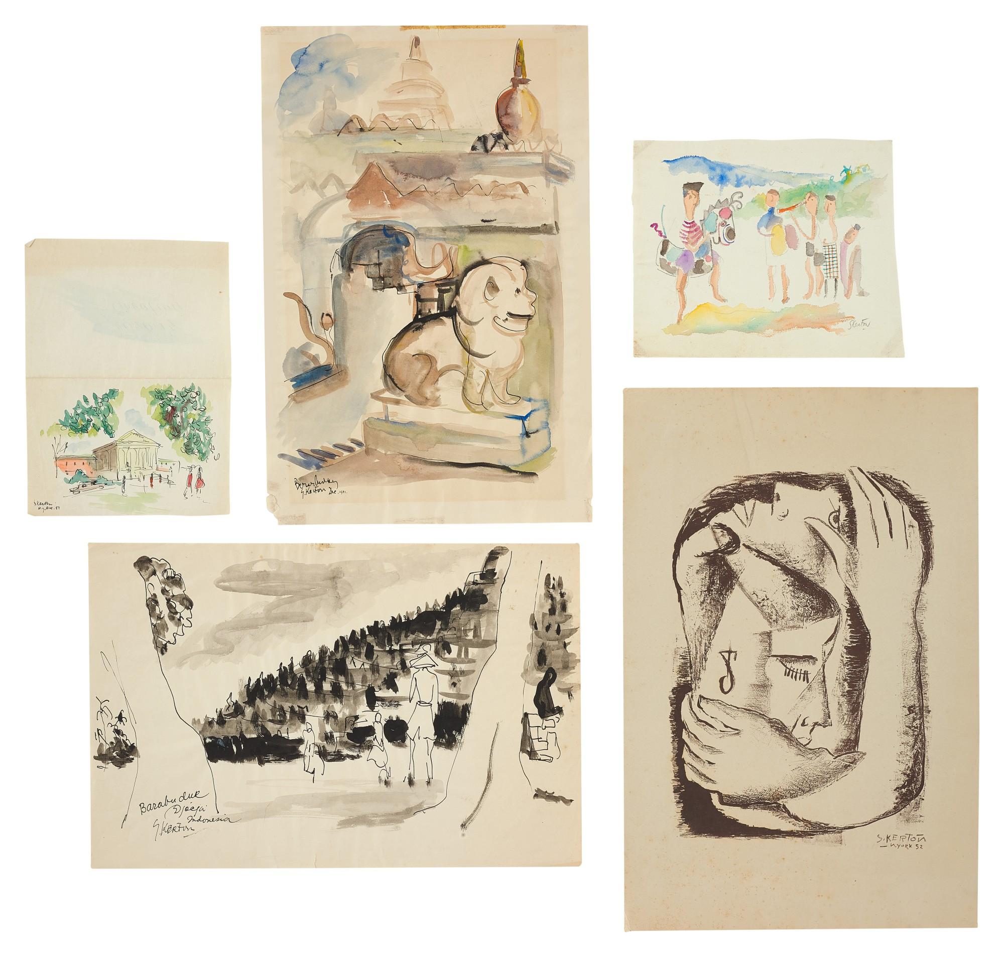 Sudjana Kerton - Five Works On Paper And Archival Materials (I) Side Profiles (Ii) Borobudur (Iii) Borobudur (Iv) Figures In A Park (V) \