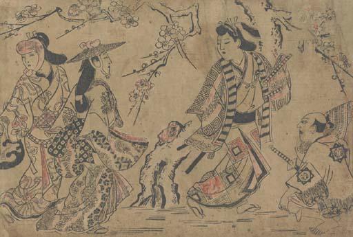 Sugimura Jihei - A Young Samurai, His Retainer And Two Beauties