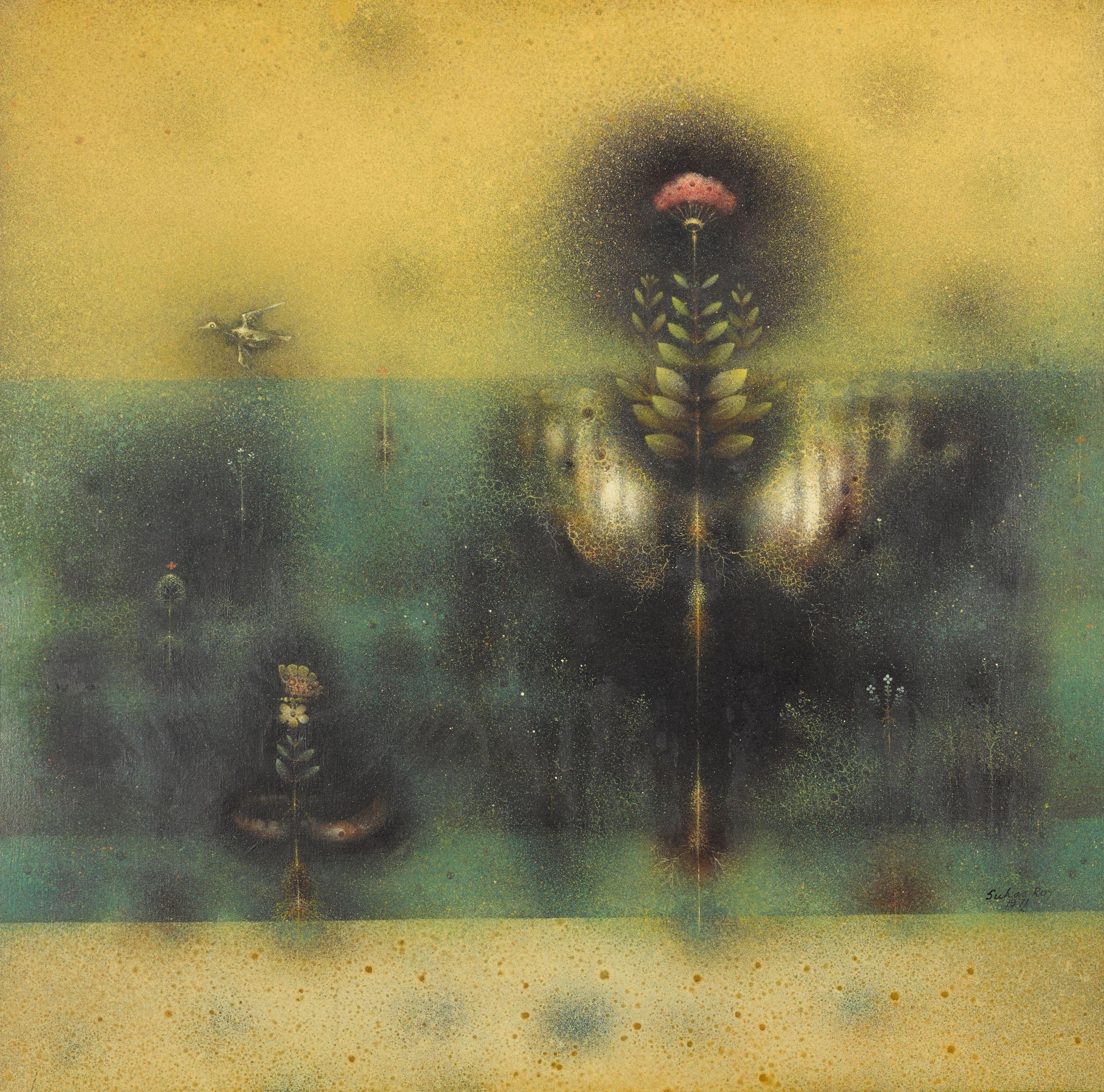 Suhas Roy - Untitled (Landscape With Flowers And Bird), 1971