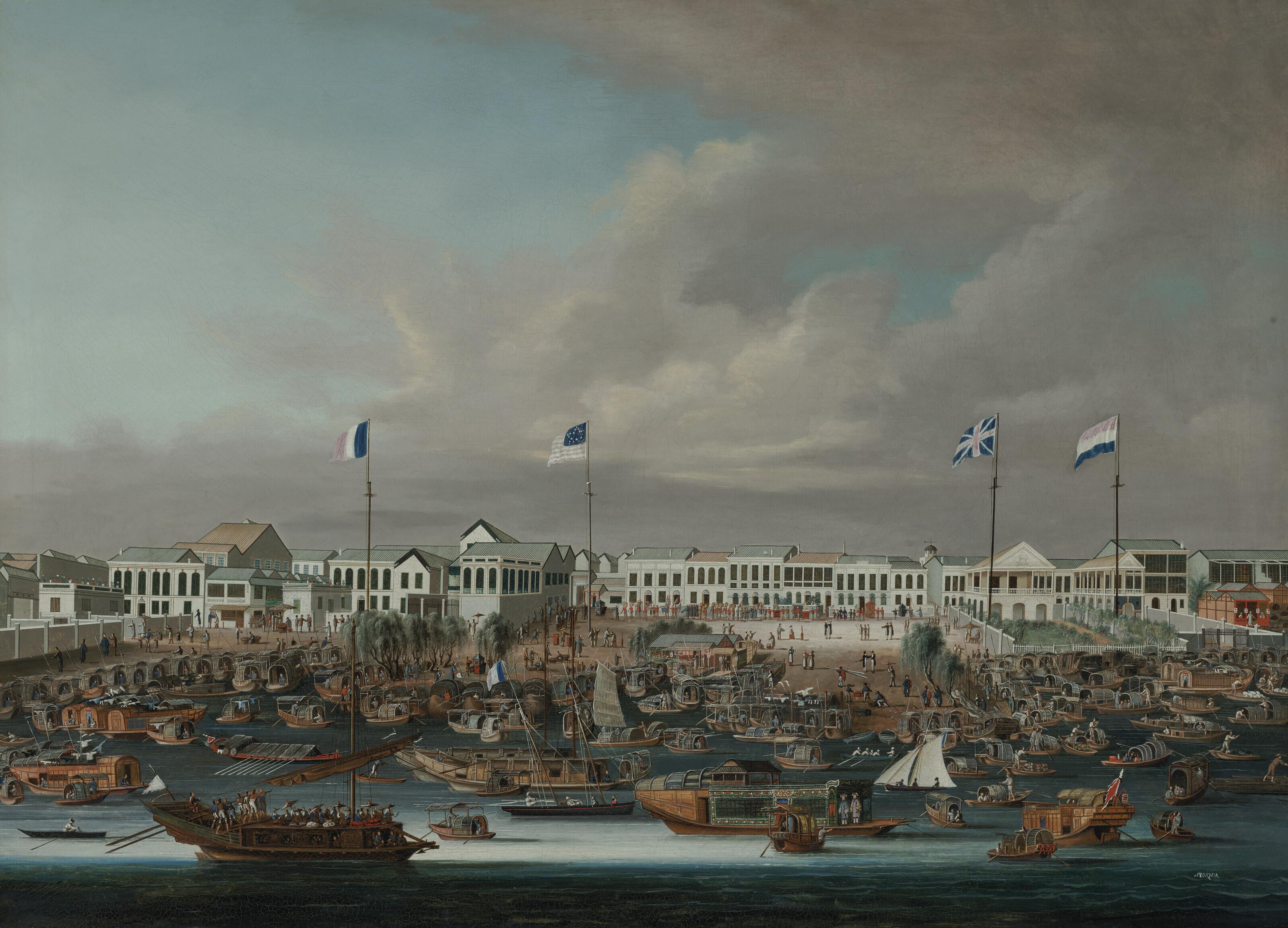 Sunqua - The Hongs of Canton, showing the French, American, British and Dutch flags