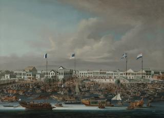 Sunqua - The Hongs of Canton, showing the French, American, British and Dutch flags