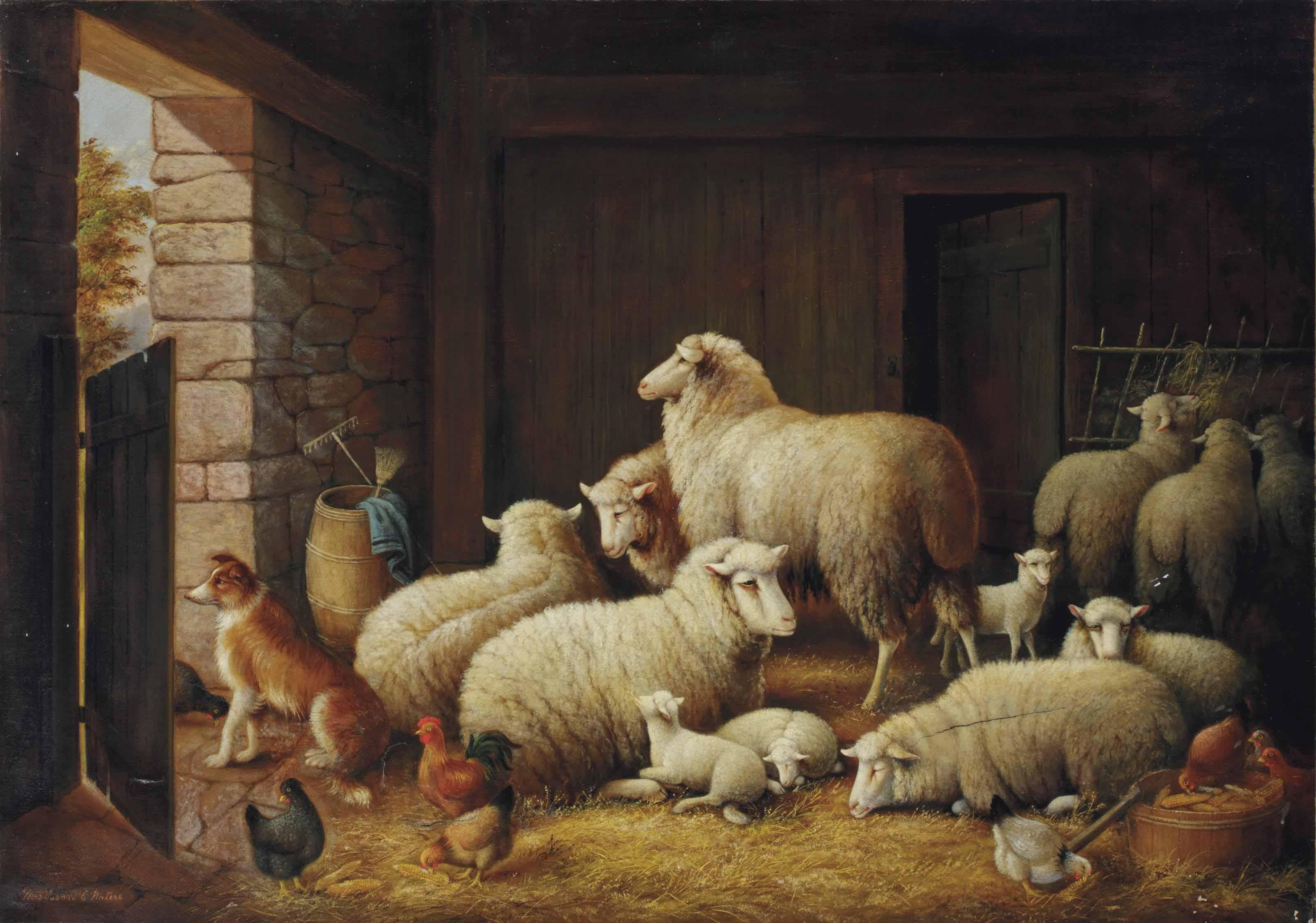 Susan Catherine Moore Waters - Barn Scene with Livestock