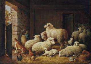 Susan Catherine Moore Waters - Barn Scene with Livestock