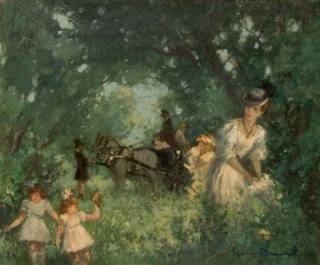 Suzanne Demarest - Elégante et ses enfants cueillant des fleurs