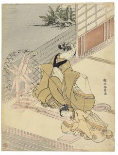 Suzuki Harunobu - A beauty spinning thread while her maid prepares the flax