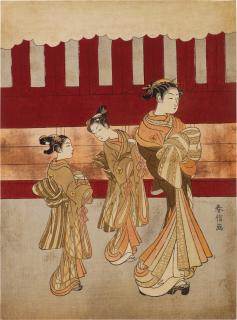 Suzuki Harunobu - A courtesan accompanied by two kamuro