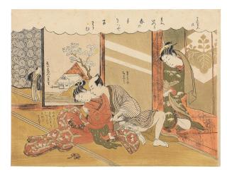 Suzuki Harunobu - A courtesan jealously watching the intimacy between her apprentice and a client in a Yoshiwara brothel
