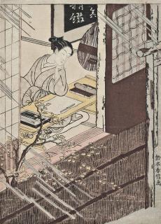 Suzuki Harunobu - A woman seated at a writing desk looking out at the rain, signed Suzuki Harunobu ga, framed and glazed