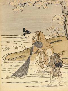 Suzuki Harunobu - A young man pulling in a fishing net in a stream, watched by a small boy, a cherry tree and an azalea growing on the bank beside them, very good impression, colours faded, good condition