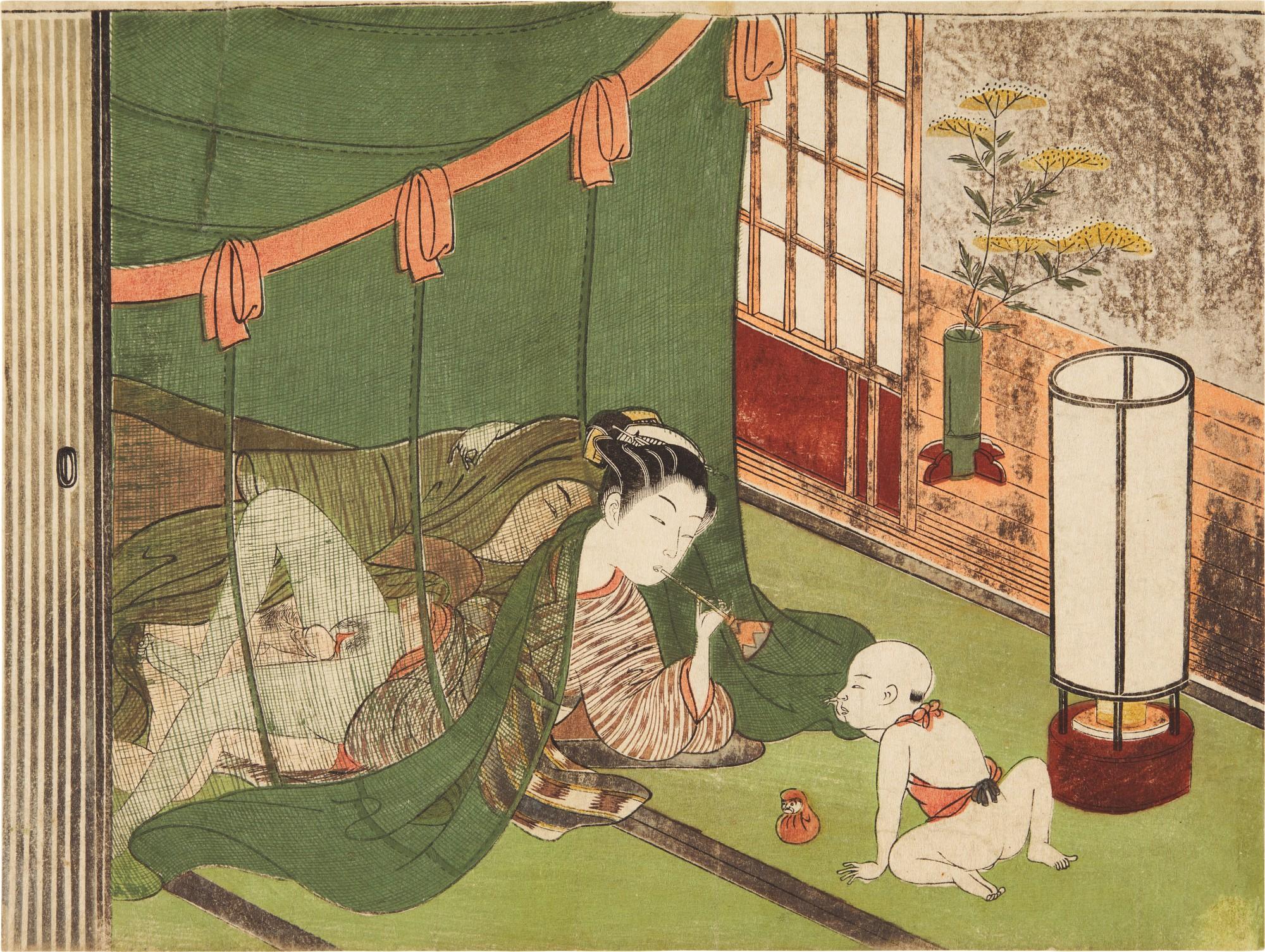 Suzuki Harunobu - An amorous couple under a mosquito net (kaya)