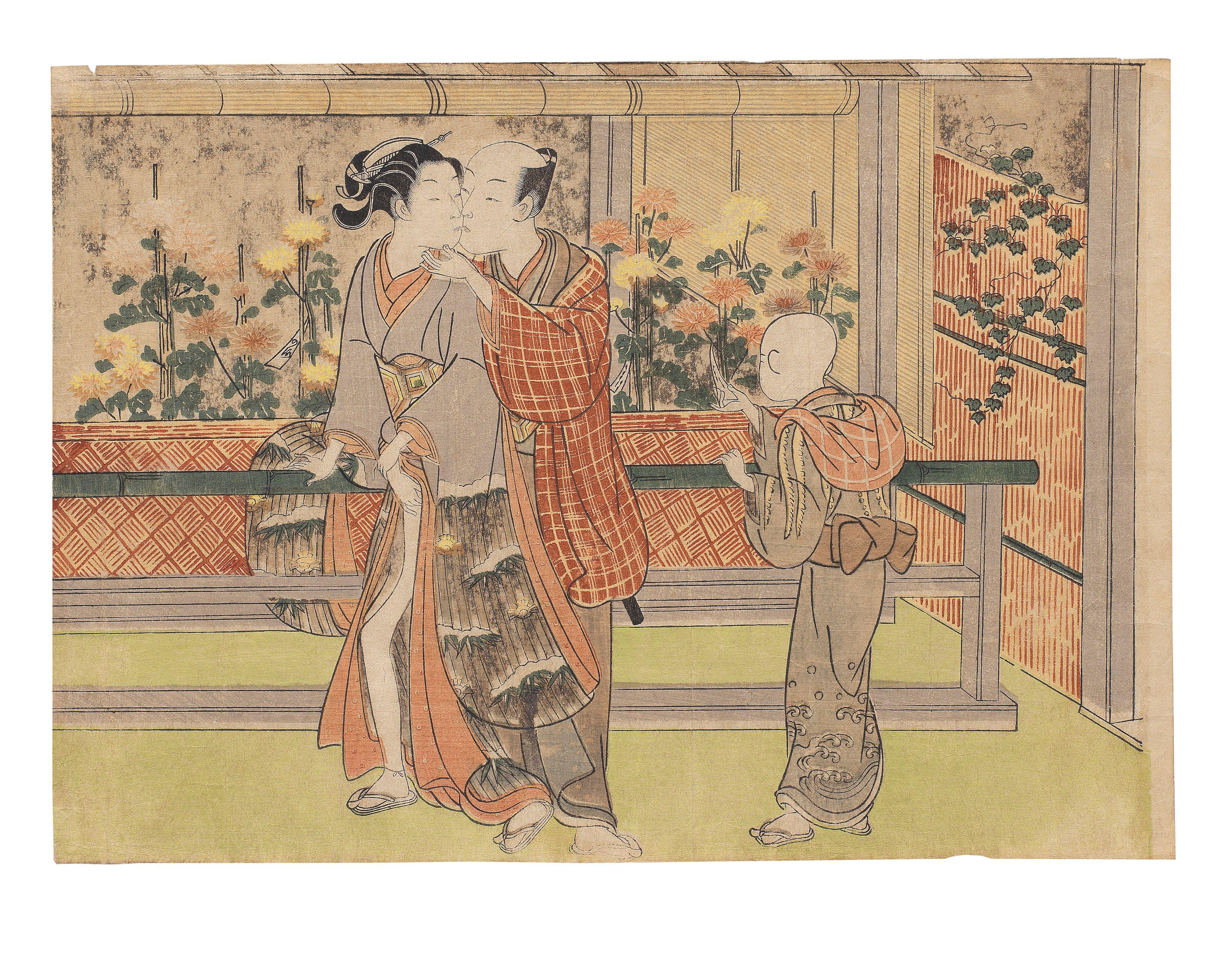 Suzuki Harunobu - an intimate moment between a couple visiting a kiku matsuri (chrysanthemum festival)