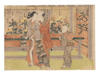 Suzuki Harunobu - an intimate moment between a couple visiting a kiku matsuri (chrysanthemum festival)
