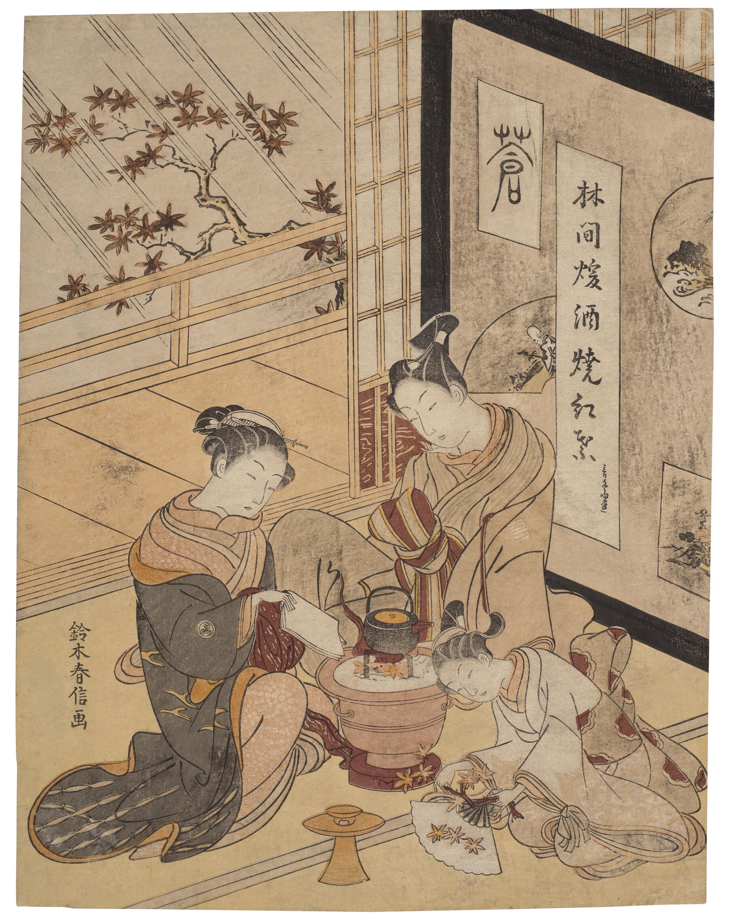 Suzuki Harunobu - Burning maple leaves to heat sake in a rainy day