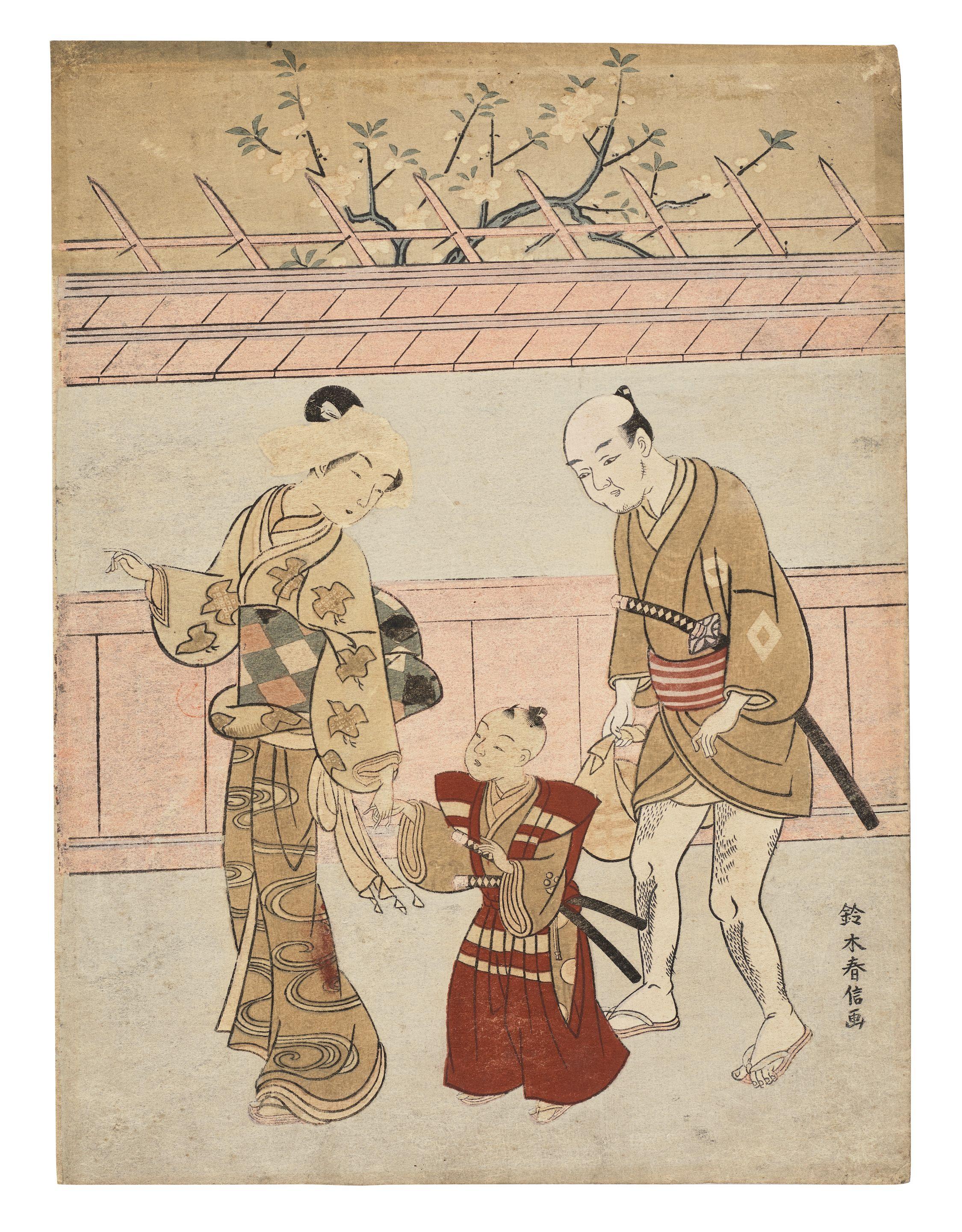 Suzuki Harunobu - Couple taking a five-year-old boy to visit a shrine