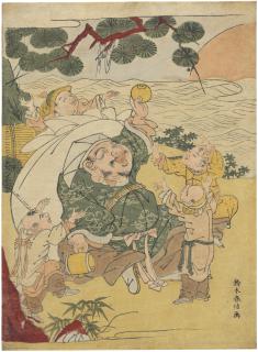 Suzuki Harunobu - Daikoku playing with boys in Chinese clothes (karako) under pine with the sun setting over a lake