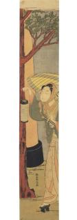 Suzuki Harunobu - Dandy (wakashu) with lantern passing a shrine gate