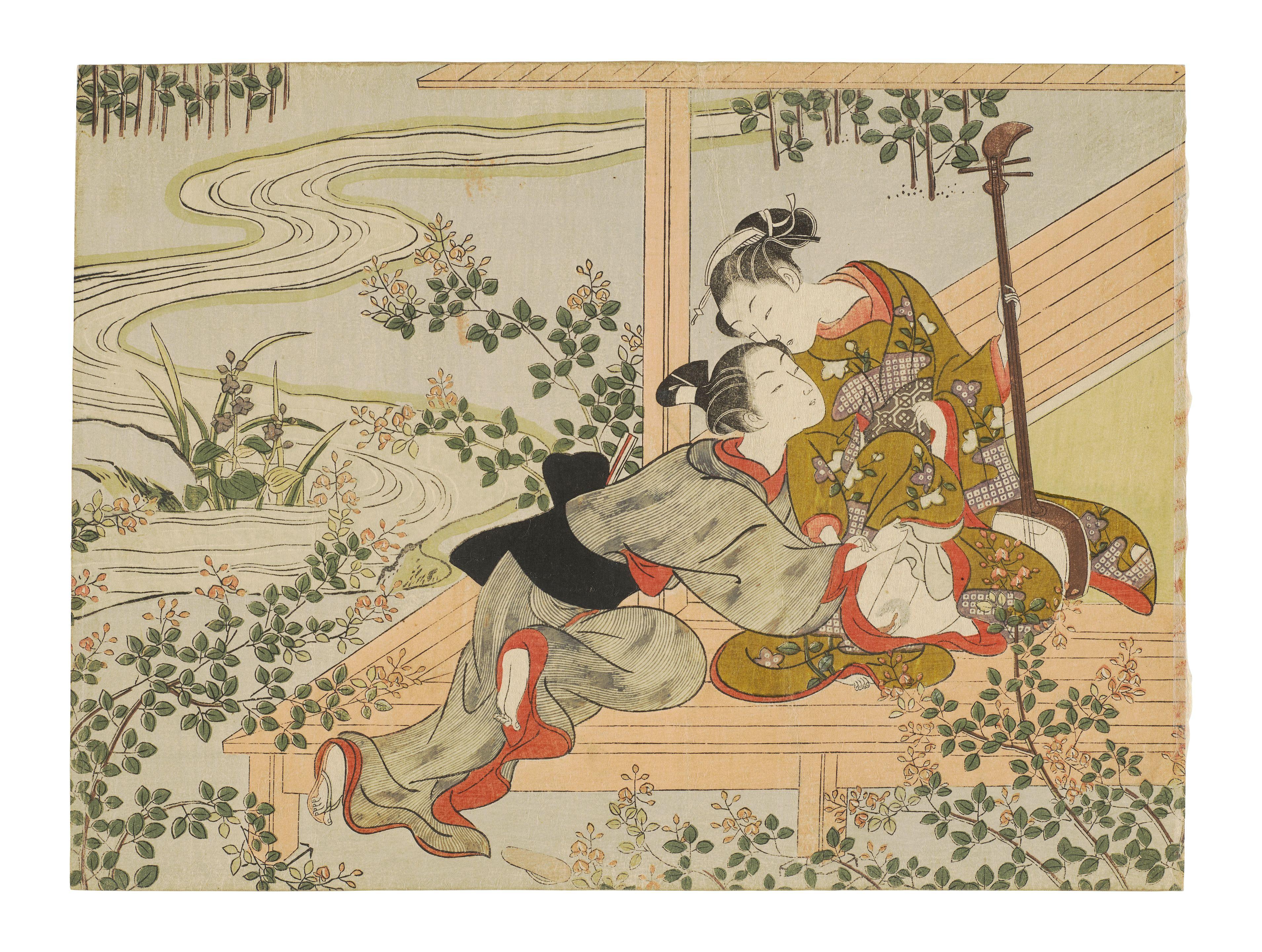 Suzuki Harunobu - lovers on a veranda with a shamisen
