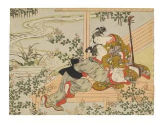 Suzuki Harunobu - lovers on a veranda with a shamisen