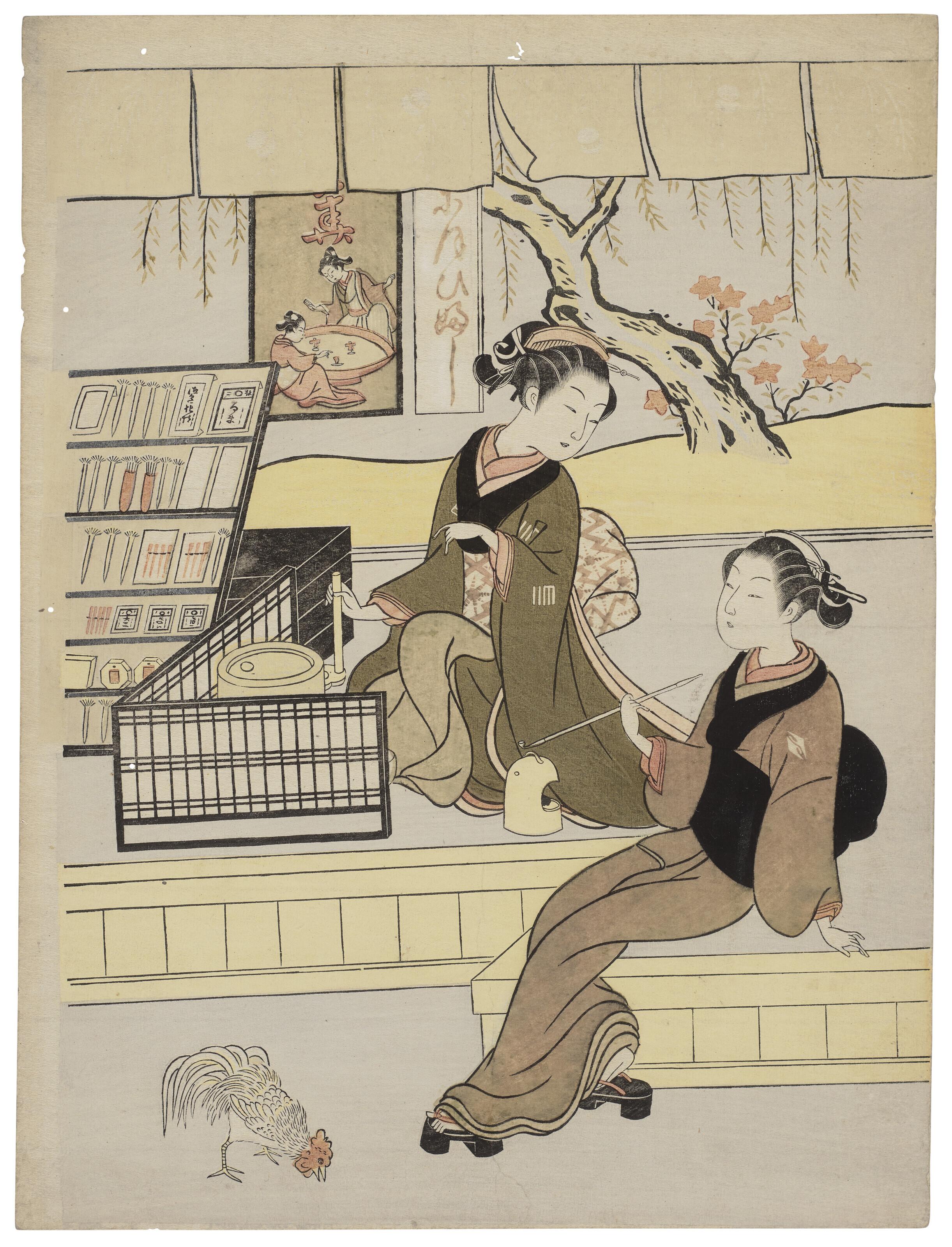 Suzuki Harunobu - Ofuji of Motoyanagiya the Tooth Brush Shop with a Female Customer