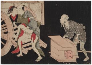 Suzuki Harunobu - Soba vendor watching a couple in the night