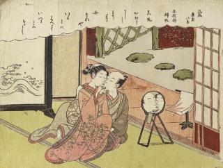 Suzuki Harunobu - Tenuguikake no kihan [Returning sails of the towel-rack] from the series Furyu zashiki hakkei [Eight fashionable parlour views]