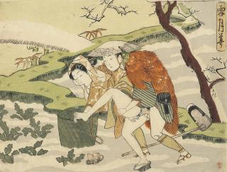 Suzuki Harunobu - Woodblock print, a couple making love in the snow, from the series Setsugekka [Snow, Moon and Flower], Hayashi seal, framed and glazed