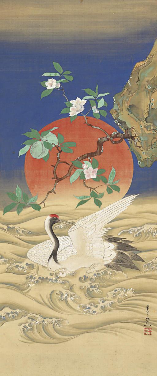 Suzuki Kiitsu - Crane, waves and peach tree