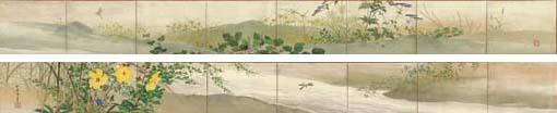 Suzuki Shonen - Autumn Grasses And Flowers; Reverse of Each Screen With Silhouettes of Mountains In Gold Leaf