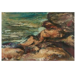 Syd Solomon - Rocky Shore 10 1/2 x 17 in. (26.7 x 43.2 cm) framed 19 x 23 1/2 x 2 in. (under glass)