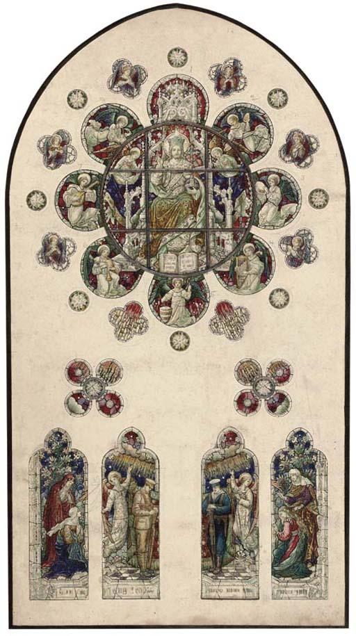 Sydney Harold Meteyard - Designs for stained glass windows; The Crucifixion; The enthroned Madonna; A rose window design for Aberfeldy Church; St Andrew; and others (one illustrated)