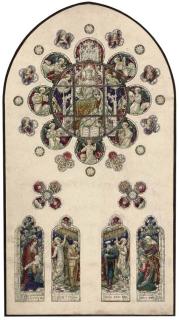 Sydney Harold Meteyard - Designs for stained glass windows; The Crucifixion; The enthroned Madonna; A rose window design for Aberfeldy Church; St Andrew; and others (one illustrated)