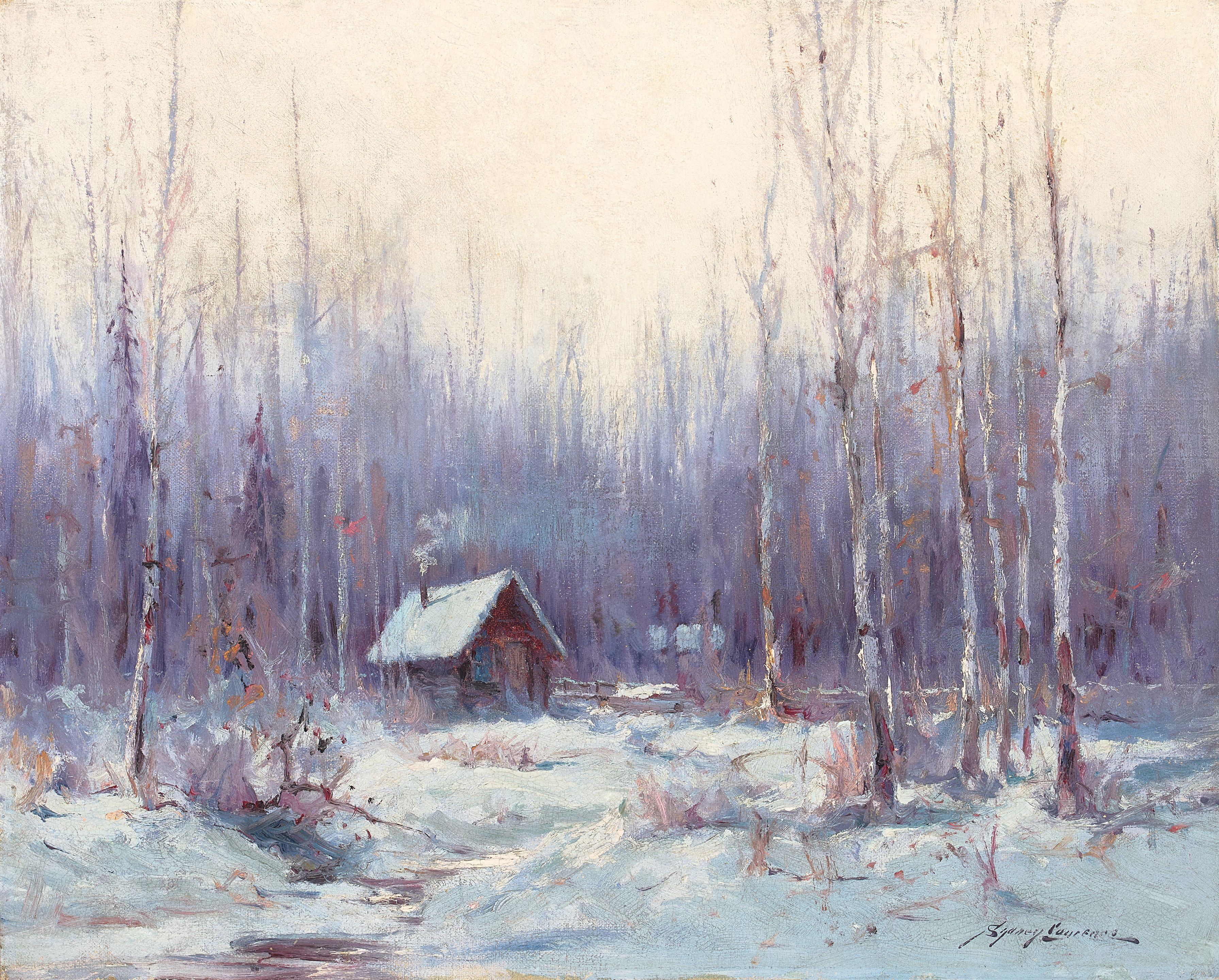 Sydney Laurence - Alaskan Cabin in the Woods 16 x 20 in. framed 23 x 27 in.