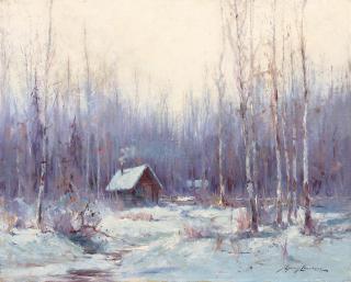 Sydney Laurence - Alaskan Cabin in the Woods 16 x 20 in. framed 23 x 27 in.