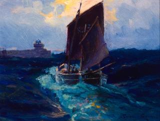 Sydney Laurence - Sailboat Approaching a Military Vessel 6 x 8 in. framed 10 x 12 in.