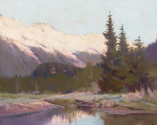 Sydney Laurence - Skiff in an Alaskan Landscape 16 x 20 in. framed 23 1/2 x 27 1/2 in.