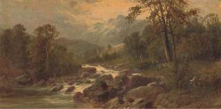 Sydney Yates Johnson - Fishing in the rapids; and Cattle watering, with mountains beyond