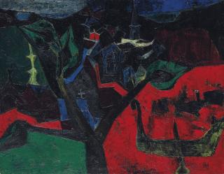 Syed Haider Raza - Untitled (Village dans un Paysage)